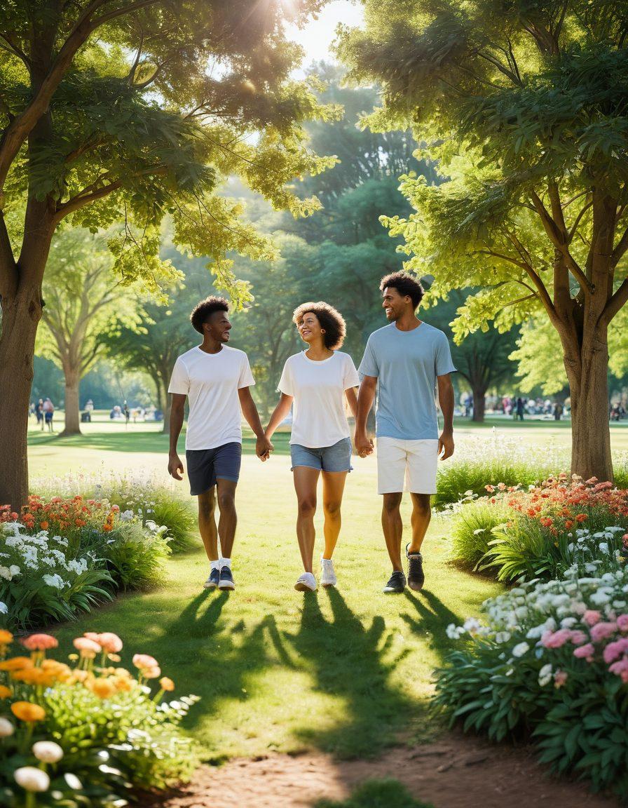 A warm, inviting scene of a couple walking hand in hand through a lush, sun-drenched park filled with blooming flowers and tall trees. Nearby, a diverse group of male friends is laughing and playing a friendly game of soccer, showcasing strong connections and bonding moments. Soft sunlight filters through the trees, creating a dreamy atmosphere that emphasizes love and friendship. The composition should evoke warmth and positivity, appealing to those seeking romantic and platonic relationships. vibrant colors. super-realistic.