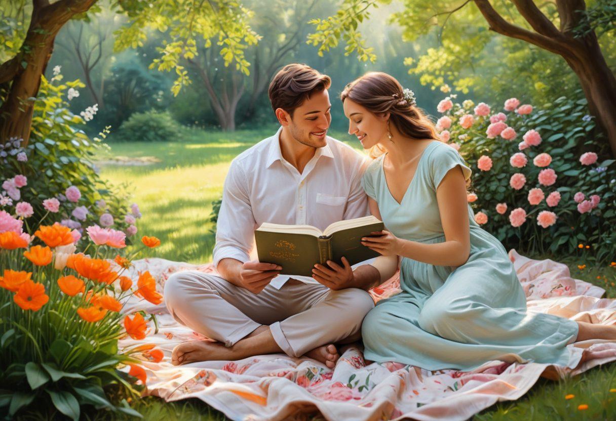 A warm and inviting scene depicting a couple in the midst of a meaningful conversation, surrounded by nature. Include soft sunlight filtering through the trees and a picnic setting with an open book and flowers. The couple should radiate joy and connection, symbolizing love and companionship. Calm pastel colors. painting. vibrant colors.