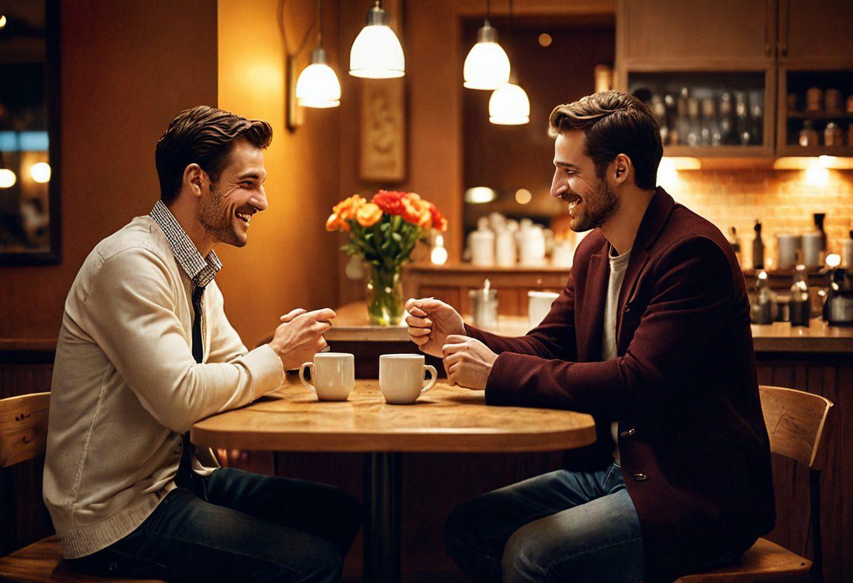 A cozy café setting with two men engaged in a deep conversation, one holding a coffee cup and the other gesturing animatedly, capturing the essence of friendship. In the background, subtle hints of romantic interactions, like a couple sharing a laugh, add depth to the scene. Warm lighting and soft colors enhance a welcoming atmosphere. The table is adorned with a vibrant flower vase. super-realistic. warm tones. cozy ambiance.